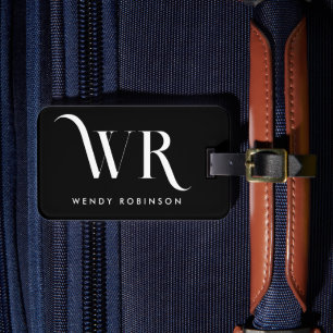 Étiquette À Bagage Chic élégant noir deux monogrammes initial