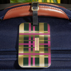 Étiquette À Bagage Chic et élégant Fuchsia Green Plaid Personnalisé