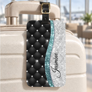 Étiquette À Bagage Chic et girly faux paillettes argent noir sarcelle