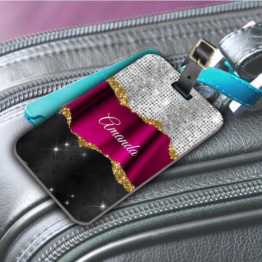 Étiquette À Bagage Chic faux argent parties scintillant Fuchsia noir 