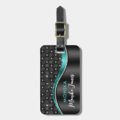 Étiquette À Bagage Chic Faux en métal brossé Noir Turquoise Monogramm (Devant Vertical)