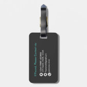 Étiquette À Bagage Chic Faux en métal brossé Noir Turquoise Monogramm (Dos Vertical)