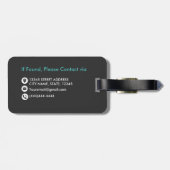 Étiquette À Bagage Chic Faux en métal brossé Noir Turquoise Monogramm (Dos horizontal)