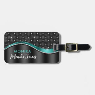 Étiquette À Bagage Chic Faux Métal Brossé Noir Sarcelle Monogramme