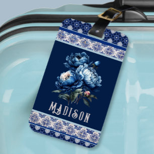 Étiquette À Bagage Chic fleurs bleues chinoiserie toile monogramme
