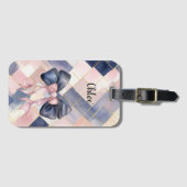 Étiquette À Bagage Chic French Blue Cream Pink Bow (Devant Horizontal)