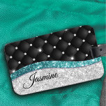 Étiquette À Bagage Chic girly faux parties scintillant argent noir tu<br><div class="desc">Jolie chic et élégant faux argent turquoise turquoise parties scintillant d'aqua chic et strass avec design tuffé noir pour créer un coque élégant spécial unique pour protéger votre appareil. Belle couverture moderne et cool pour le brancheur tendance et amateur d'art. Ce design élégant et sophistiqué conviendra parfaitement aux filles qui...</div>