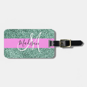 Étiquette À Bagage Chic Glam Rose Vert Paillettes Étincelle Monogramm