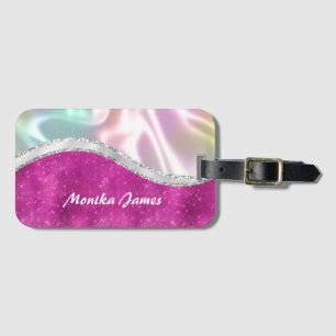 Étiquette À Bagage Chic Iridescente rose argent Parties scintillant M
