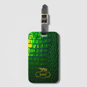Étiquette À Bagage Chic Iridescente Vert Faux Crocodile Monogramme