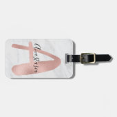 Étiquette À Bagage Chic Marbre blanc et gris Rose Or A Monogramme Nom (Devant horizontal)