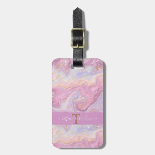 Étiquette À Bagage Chic Monogramme rose violet or Géode Agate (Devant Vertical)
