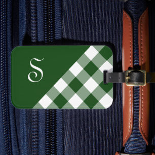 Étiquette À Bagage Chic Monogramme Vert Buffle Blanc Vérifier Géométr