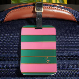 Étiquette À Bagage Chic Monogrammed Bold Rose & Vert, Gold Stried