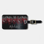 Étiquette À Bagage Chic noir et rouge argent parties scintillant gout (Devant horizontal)