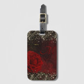 Étiquette À Bagage Chic noir rouge or parties scintillant de fleur mo (Devant Vertical)