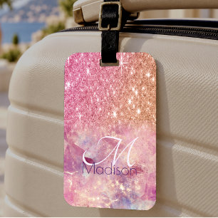 Étiquette À Bagage Chic ombre rose blush rose pailleté monogramme