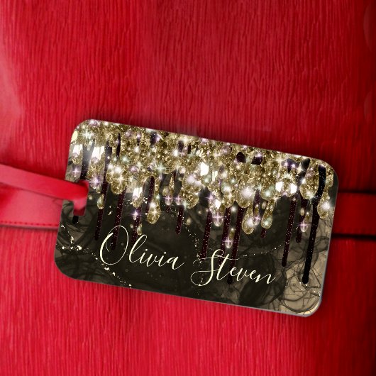 Étiquette À Bagage Chic or noir gouttes parties scintillant monogramm