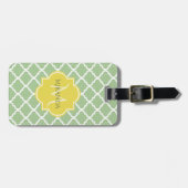 Étiquette À Bagage Chic Pastel Green Quatrefoil Jaune Nom Monogramme (Devant horizontal)