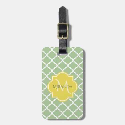 Étiquette À Bagage Chic Pastel Green Quatrefoil Jaune Nom Monogramme (Devant Vertical)