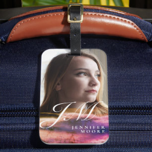 Étiquette À Bagage Chic personnalisé violet rose vierge photo Monogra