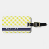 Étiquette À Bagage chic preppy jaune marine en vichy motif monogramme (Devant horizontal)