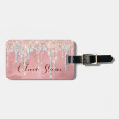 Étiquette À Bagage Chic rose rousse argent goutte à goutte monogramme (Devant horizontal)