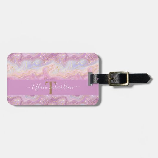 Étiquette À Bagage Chic rose violet or Agate Géode Monogramme (Devant horizontal)