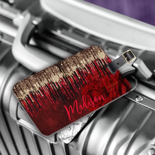 Étiquette À Bagage Chic rouge fleurs or gouttes parties scintillant m