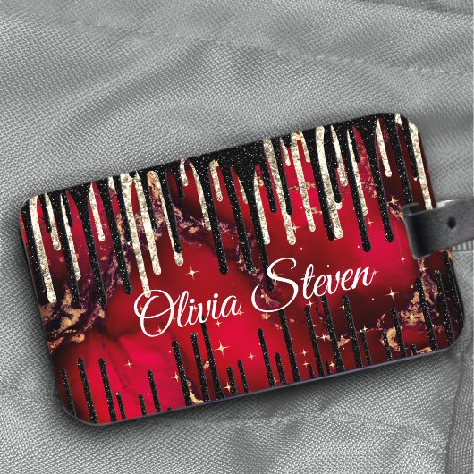 Étiquette À Bagage Chic rouge noir gouttes parties scintillant monogr