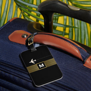 Étiquette À Bagage Chic Stripes sur le noir monogrammé