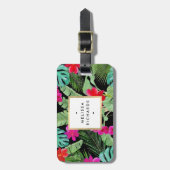 Étiquette À Bagage Chic Tropical Print Watercolor Designer noir (Devant Vertical)