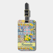 Étiquette À Bagage Chic Vase Méditerranée carreaux orange monogramme (Devant Vertical)