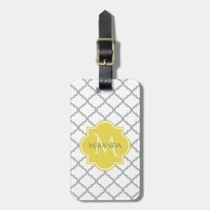 Étiquette À Bagage Chic White Grey Quatrefoil Yellow Monogramme Nom