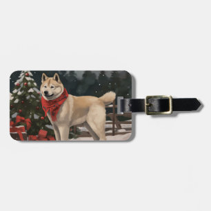 Étiquette À Bagage Chien Akita dans la neige de Noël