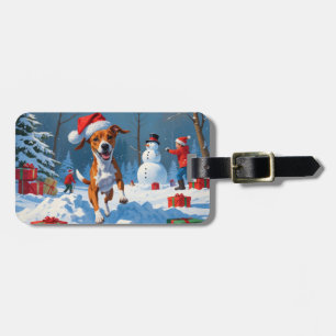 Étiquette À Bagage Chien Basenji Jouant dans la Scène hivernale ennei