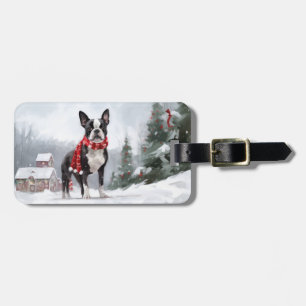 Étiquette À Bagage Chien Boston Terrier dans la neige de Noël