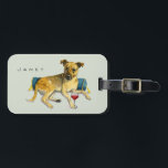 Étiquette À Bagage Chien Brindle drôle détendant avec du vin<br><div class="desc">C'est une peinture d'aquarelle d'un chien établissant le penchement contre un coussin de regard luxueux avec des glands. Elle a un verre de vin rouge dans sa patte. Ajoutez votre nom ou nom d'animal familier pour customiser cet article.</div>