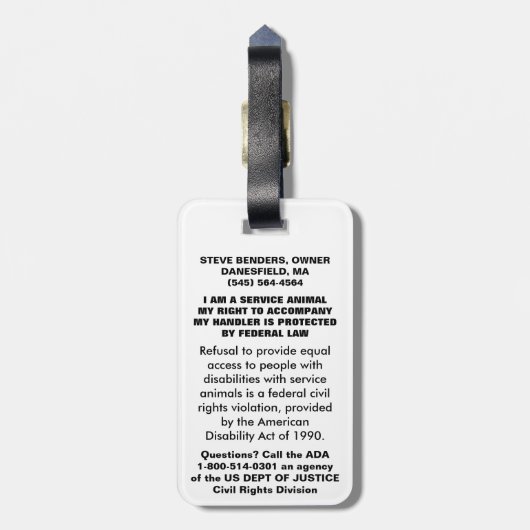 Étiquette À Bagage Chien de service - insigne requis par accès (Dos Vertical)