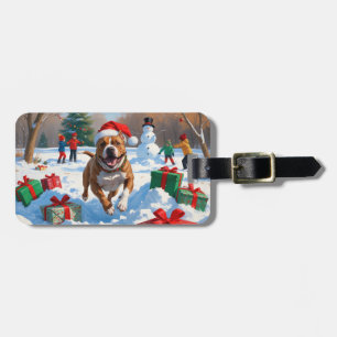 Étiquette À Bagage Chien Pitbull courant dans la neige avec un chapea