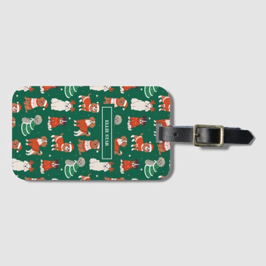 Étiquette À Bagage Chiens de Noël verts personnalisés (Devant Horizontal)