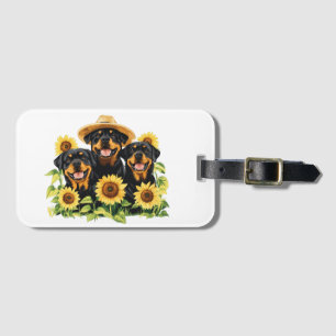 Étiquette À Bagage Chiens Rottweiler Entourés De Tournesols