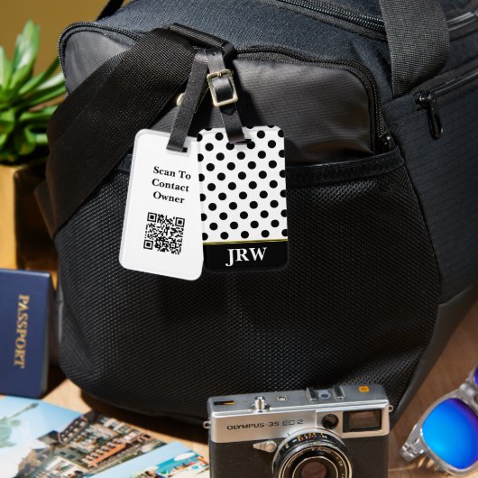 Étiquette À Bagage Chiffres noir et blanc Motif Monogramme QR Code (Recto & Verso)