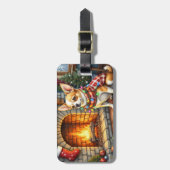 Étiquette À Bagage Chihuahua Sitting Fireplace with Christmas Lights (Devant Vertical)