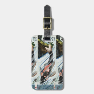 Étiquette À Bagage Chinoiserie Carpes Koï Cascade Art Japonais