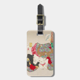 Étiquette À Bagage Chinoiserie Dame Japonaise & Chat Kimono Art