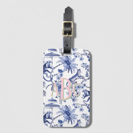 Étiquette À Bagage Chinoiserie Jungle Toile | Monogramme bleu et blan (Devant Vertical)
