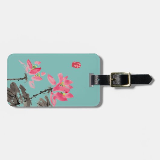 Étiquette À Bagage Chinoiserie verte Fleur Lotus (Devant horizontal)