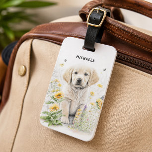 Étiquette À Bagage Chiots Retriever doré personnalisé dans les fleurs