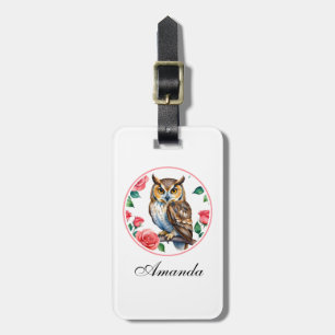 Étiquette À Bagage Chouette aquarelle décorative avec Rose